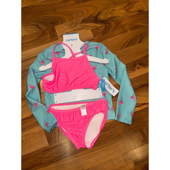 Carter's Flamingo‎ Swimsuit Set UPF 50+ Sun Protection Rash Guard 5T 3 piece NWT - Picture 1 of 6
